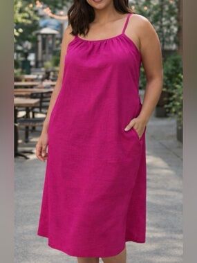 Fuchsia Linen Blend Midi Dress XXL Pockets Summer Lightweight Beach Cruise